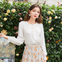 三彩2020秋季新款花边娃娃领长袖白衬衫人丝上衣