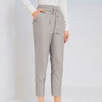 三彩2020秋季新款抽绳松紧腰高腰条纹亮丝直筒裤休闲裤九分裤
