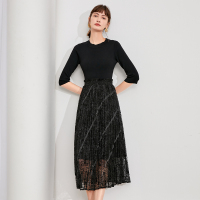 伊布都ibudu2020秋季新款黑色针织拼接蕾丝绣花裙七分袖连衣裙