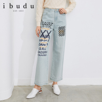 伊布都ibudu2020秋季新款高腰破洞字母印花毛边阔腿裤长裤