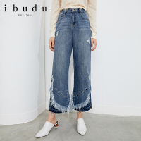 伊布都ibudu2020秋季新款高腰破洞毛边拼接阔腿牛仔裤
