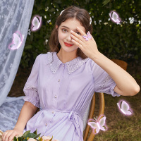 三彩2020秋季新款蕾丝绣花腰带泡泡袖衬衫裙连衣裙