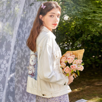 三彩2020秋季新款小熊印花贴布长袖牛仔衫外套