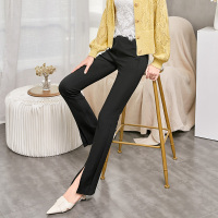 三彩2020秋季新款松紧腰高腰弹力小黑裤喇叭裤微喇裤修身九分裤