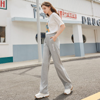 三彩2020秋季新款松紧腰高腰蝴蝶绣花阔腿裤运动风休闲长裤