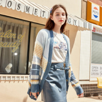 三彩2020秋季新款V领提花拼色长袖针织衫开衫毛衣