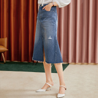 三彩2020秋季新款高腰破洞开叉鱼尾裙修身水洗复古牛仔裙半身裙女