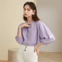 三彩2020秋季新款木耳边圆领系带单排扣宽松九分灯笼袖衬衫女
