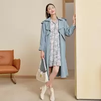 三彩2020秋季新款大翻领腰带长款宽松长袖风衣外套女