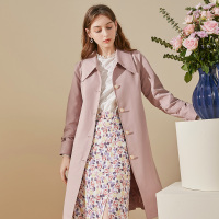 三彩2020秋季新款翻领单排扣腰带长款宽松长袖风衣外套女