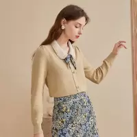 三彩2020秋季新款花边娃娃领直筒长袖领带针织衫毛衫毛衣女