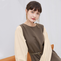 伊布都ibudu2020秋季新款圆领腰带灯笼袖复古优雅长袖连衣裙女