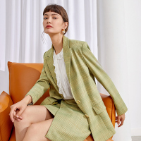 伊布都ibudu2020秋季新款戗驳领单排扣直筒格子长袖西装外套女