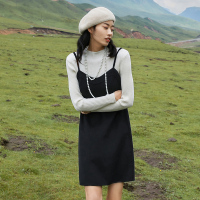 三彩2020冬季新款细吊带修身A字裙礼服裙双面呢羊毛呢连衣裙女