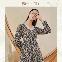 三彩2020秋季新款国宝联名蕾丝花边V领灯笼袖纯棉印花连衣裙女