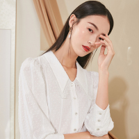 三彩2020秋季新款纯棉花边翻领单排扣九分袖点点剪花衬衫上衣女