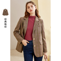 三彩2020秋季新款平驳领单排扣长袖格纹西装直筒格子外套女