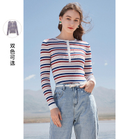 三彩2020秋季新款圆领单排扣撞色条纹修身长袖针织衫毛衫毛衣女