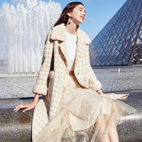 三彩2020冬季新款格子中长款大码女装毛呢大衣西装领双面呢外套