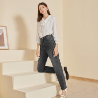 三彩2020秋季新款高腰复古老爹裤直筒裤水洗棉牛仔长裤女