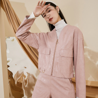 三彩2020秋季新款V领宽松纯色休闲PU皮衣长袖外套上衣女