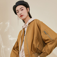 三彩2020秋季新款V领灯芯绒拼接蝙蝠袖长袖棒球衫宽松外套上衣女