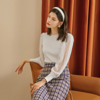 三彩2020秋季新款圆领修身绣花网纱灯笼袖长袖针织衫毛衫女