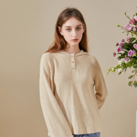 三彩2020秋季新款连帽单排扣宽松长袖羊毛衫针织衫毛衣女