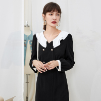 伊布都ibudu2020秋季新款双层荷叶领复古长袖茶歇裙连衣裙女