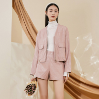 三彩2020秋季新款高腰松紧腰直筒裤PU皮裤短裤A字裤子女