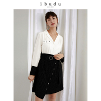 伊布都ibudu2020秋季新款翻领腰带A字裙不对称长袖天丝连衣裙女