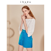 伊布都ibudu2020夏季新款松紧腰高腰平丝绒腰带短裤直筒裤女