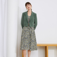 三彩2020秋季新款V领腰带碎花印花裙吊带裙无袖连衣裙女