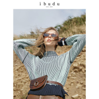 伊布都ibudu2019冬季新款高领条纹针织衫长袖宽松毛衣套头衫女