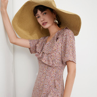 三彩2020秋季新款荷叶边V领短袖碎花裙茶歇裙连衣裙女