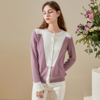 三彩2020秋季新款圆领单排扣拼色宽松长袖针织衫毛衫毛衣女