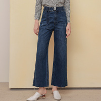 伊布都ibudu2020冬季新款高腰腰带水洗牛仔阔腿喇叭裤长裤女