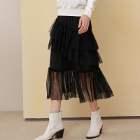 伊布都ibudu2020冬季新款松紧腰高腰荷叶边网纱裙半身裙女