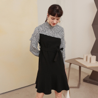 伊布都ibudu2020冬季新款木耳边圆领荷叶边长袖腰带拼接连衣裙女