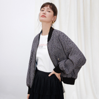 伊布都ibudu2020冬季新款V领宽松千鸟格蝙蝠袖长袖棒球衫外套女