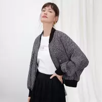 伊布都ibudu2020冬季新款V领宽松千鸟格蝙蝠袖长袖棒球衫外套女