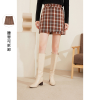 三彩2020秋季新款高腰腰带格子裙A字裙开叉半身裙短裙女