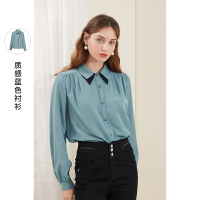 三彩2020秋季新款翻领纯色单排扣宽松长袖衬衫上衣女
