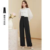 三彩2020秋季新款高腰腰带宽松阔腿裤长裤休闲裤女