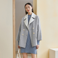 三彩2020冬季新款大翻领双排扣宽松长袖羊毛双面呢大衣外套女