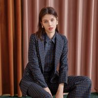 三彩2020秋季新款西装领双排扣腰带长袖格纹拼接西装外套上衣女