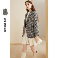 三彩2020秋季新款平驳领单排扣长袖格纹西装直筒格子外套女