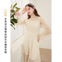 三彩2020冬季新款木耳边立领蕾丝松紧腰灯笼袖仙女长袖连衣裙女
