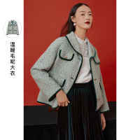 三彩2020冬季新款翻领单排扣宽松长袖色织粗呢羊毛呢大衣外套女