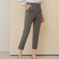 伊布都ibudu2020冬季新款高腰翻边直筒裤细条纹九分裤女